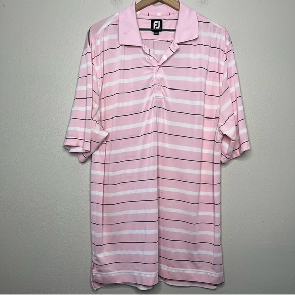 Footjoy Men Polo Shirt Large Pink Stripe Short‎ Sleeve Golf Performance Poly - Picture 1 of 11